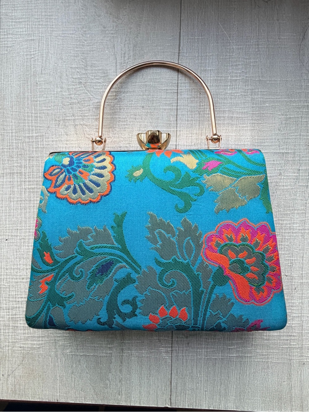 Turquoise Floral Jacquard Top-Handle Bag